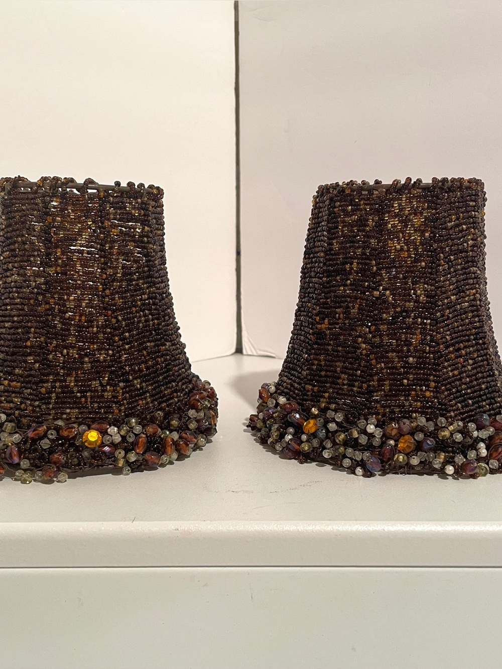 VTG Beaded Brown Lamp Shades — Set of Two